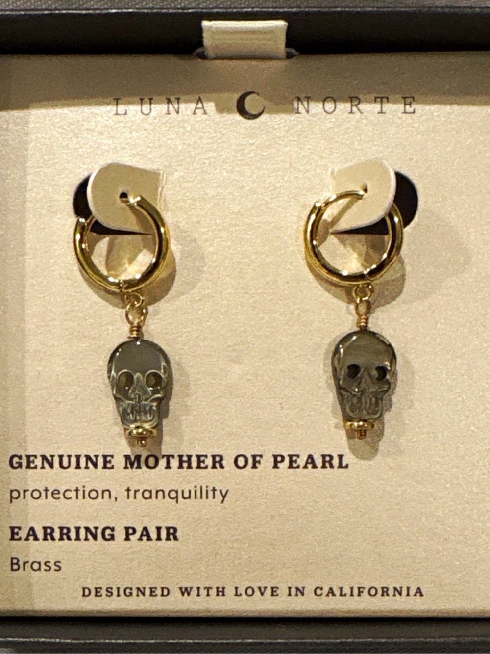 Luna Norte Gold Hoop Earrings with Gray Mother-of-Pearl Skull Drops